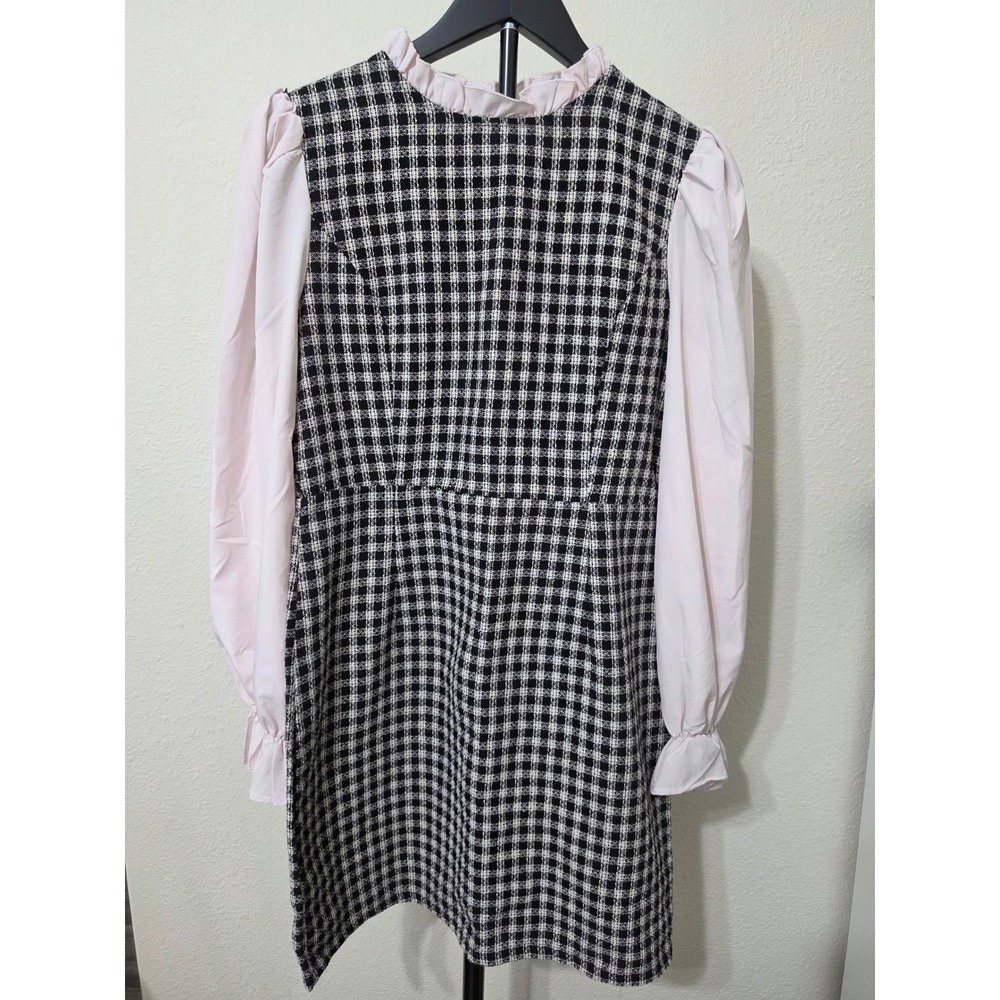 SHEIN Plaid Tweed Mini Dress Pink Puff Sleeve Ruffle Neck Black White Gold Med M